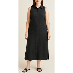 Embassy Row Pure Linen Button Up Shirt Dress Black Size 16 Lagenlook Minimalist